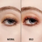 Comparison of natural and bold eyelashes using DIOR Backstage Eye Palette - 003 Amber Neutrals for makeup application.