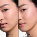 Before and after photos of a woman's face showcasing the DIOR Backstage Glow Face Palette - 004 Rose Gold results.