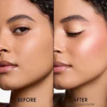 Comparison photos of a woman's face, highlighting the effects of DIOR Backstage Glow Face Palette - 004 Rose Gold.