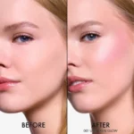 Before and after photos of a woman's face showcasing the effects of Dior Backstage Glow Face Palette - 001 Universal Women.