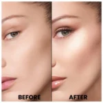 Before and after photos of a woman's face showcasing the Dior Backstage Glow Face Palette - 003 Pure Gold effect.