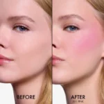 Before and after photos of a woman's face showcasing the DIOR BACKSTAGE ROSY GLOW - 001 Pink makeup effect.