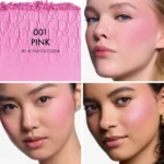 Four images of DIOR BACKSTAGE ROSY GLOW - 001 Pink blush, showcasing different shades and textures of the product.