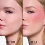 Before and after makeup of a woman showcasing Dior Rosy Glow Blush 006 Berry, highlighting her pink blush application.