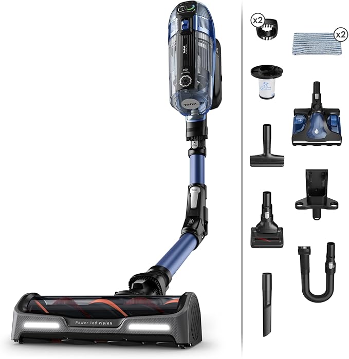 All accessories included with Tefal X-Force Flex 12.60: charging base, easy brush, filter, Aqua mop, crevice tool, sofa brush, animal turbo brush, charger, and quick-start guide.