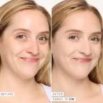 Before and after photos of a woman, demonstrating the effect of Tarte Shape Tape concealer on her fair skin.