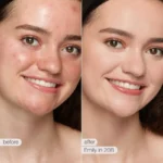 Before and after photos of a woman with acne, showcasing the effect of Tarte Shape Tape Contour Concealer - 20B Light.