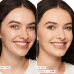 Before and after photos of a woman showcasing her freckles, enhanced with Tarte Shape Tape Concealer in Light Sand.