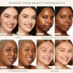 Various skin tones displayed alongside Tarte Shape Tape Concealer in 20S Light Sand, showcasing makeup product diversity.