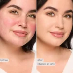Before and after photos of a woman showing red skin, transformed using Tarte Shape Tape Contour Concealer - 22B Light Beige.