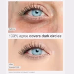 Before and after comparison of a woman's eyes using Tarte Shape Tape Contour Concealer in 22B Light Beige.