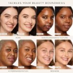 Image showing various skin tones alongside Tarte Shape Tape Concealer 27H Light Medium Honey makeup product.