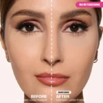 Before and after photo of a woman's face showcasing makeup transformation with HUDA BEAUTY Easy Bake Powder in Sugar Cookie.