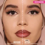 Before and after photos showcasing a woman's makeup transformation using HUDA BEAUTY Easy Bake Powder in Cupcake shade.