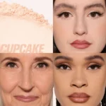 Four images of women showcasing diverse makeup styles, featuring HUDA BEAUTY Easy Bake Loose Powder in Cupcake shade.