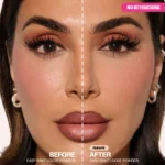 Before and after photo of a woman's face showcasing the effects of HUDA BEAUTY Easy Bake Loose Powder in Peach Pie.
