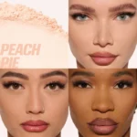 Peach makeup palette displayed with various looks, featuring HUDA BEAUTY Easy Bake Loose Powder in Peach Pie.