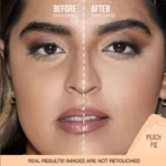 Before and after photo of a woman's face showcasing the effects of HUDA BEAUTY Easy Bake Loose Powder in Peach Pie.