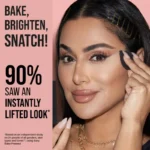 A woman with flawless makeup, featuring the text "Bake, Brighten, Snatch" alongside HUDA BEAUTY Easy Bake Powder in Peach Pie.