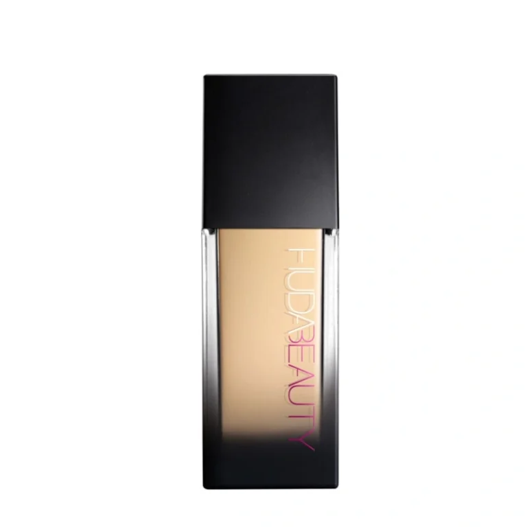 HUDA BEAUTY #FauxFilter Luminous Matte Foundation in light beige shade Panna Cotta, displayed in a sleek bottle.