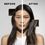 Woman with long hair shown before and after using Kérastase Specifique Bain Prevention Shampoo for thinning hair.