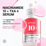 Anua10% Niacinamide + 4% TXA serum, 30ml, showcasing a pink liquid in a modern bottle for enhanced skin brightness.