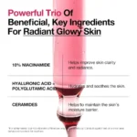 Pink serum bottle labeled "Powerful trio of beneficial key ingredients for radiant glowy skin" - Anua 10% Niacinamide + 4% TXA.