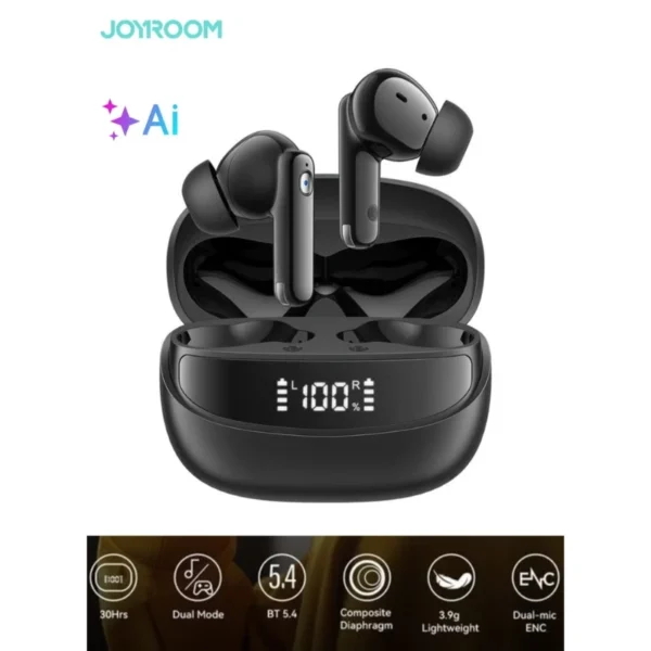 Joyroom JR-BB3 Jbuds True Wireless Earbuds – 10mm Bass Boost Driver, Dual-Mic ENC + AI Clear Calls, Bluetooth 5.4, 30H Playtime, 65ms Low Latency Gaming Mode, Digital Battery Display, IPX5 Water Resistant – Space Black