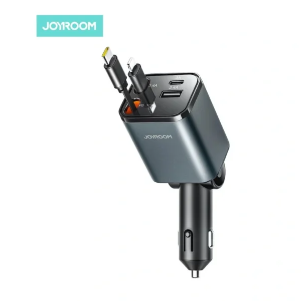 Joyroom JR-CCL05 50W Fast Car Charger – 4-in-1 Adapter with Built-in Lightning & USB-C Cables, Dual USB Ports, Voltage Display, PPS Fast Charging – For iPhone, iPad, Samsung Galaxy – Black
