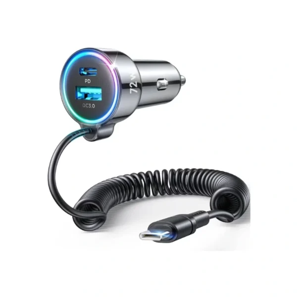 Joyroom JR-CL07 72W 3-in-1 Car Charger with 1.6m Coiled USB-C Cable – Dual PD & QC 3.0 Fast Charging, 6-Point Smart Safety, Flame-Retardant PC, for iPhone 16/15/14, Samsung S25/S24, iPad, MacBook, Pixel – Black