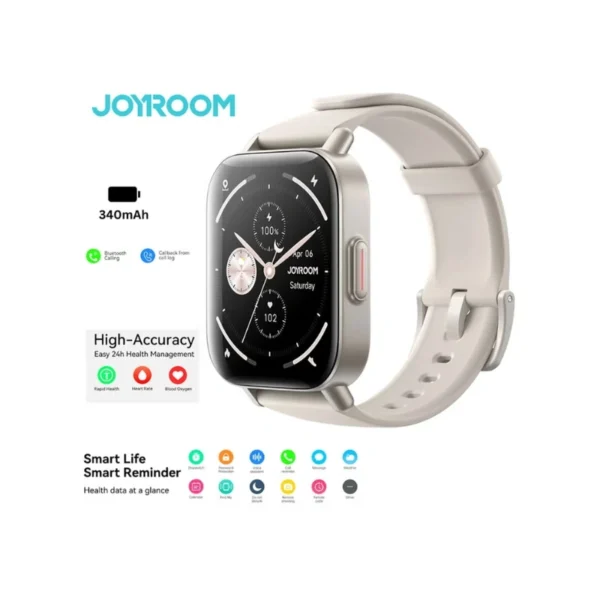 Joyroom JR-FT3S Smart Watch – 1.96-inch HD Display, Bluetooth Calling, 350mAh Battery, 1ATM Waterproof, Fitness & Health Monitoring, Metal Body with Silicone Strap – Silver