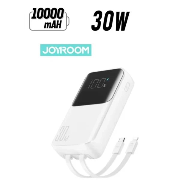 Joyroom JR-PBC06 30W Mini Power Bank with Built-in USB-C & Lightning Cables – 10000mAh, Fast Charging, Dual Input/Output, Digital Display, Compact Travel Battery Pack – White