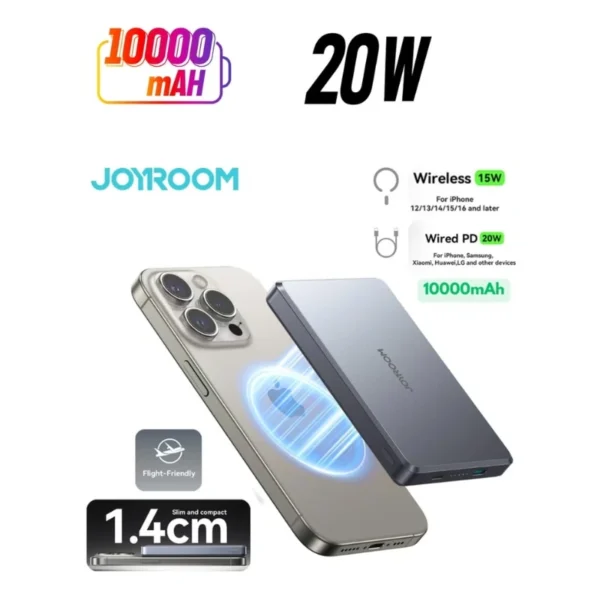 Joyroom JR-PBM08 Pro Grey 10000mAh ultra-thin magnetic power bank front view