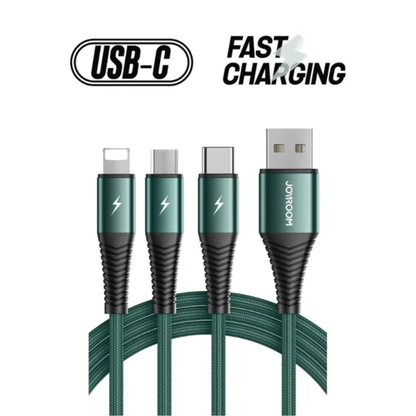 Joyroom S1230G4 3-in-1 Fast Charging Braided USB Cable – Lightning, Type-C & Micro USB, 2.4A High-Speed Charging, Durable Nylon, Anti-Tangle, 15000+ Bend Lifespan – Green