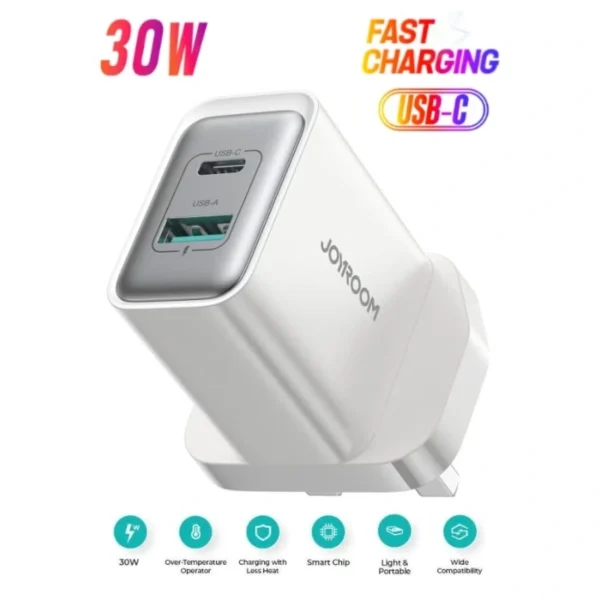 Joyroom JR-TCF15 30W Fast UK Wall Charger – USB-C PD + USB Dual-Port Adapter, PPS Support, PD 3.0 & QC 3.0 Fast Charging for iPhone 16/15/14/13, Samsung S25/S24/S23, iPad, MacBook Air – White