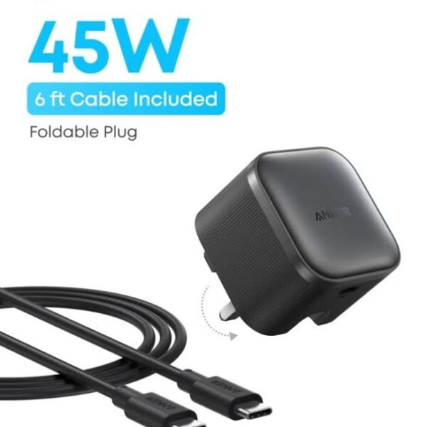 Anker Nano 45W Type C Fast Charging Charger, Compact and Folddable Plug, USB-C Charger Block for Samsung Galaxy S25 Ultra/S24 Series, iPhone 17 Series, MacBook, Pixel 9, iPad (6 ft Cable Included)