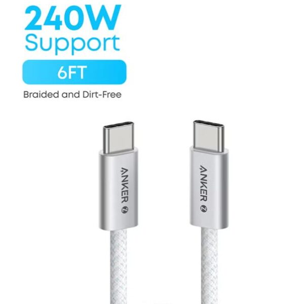 Anker Zolo USB C to USB C Cable, Braided and Dirt-Free Type C Fast Charging Cable, Slim Connector, for iPhone 17/16 Series, MacBook (240W) (White, 6ft)