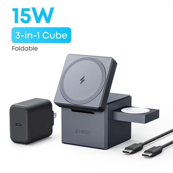 Anker 3-in-1 Cube Compatible with MagSafe - 15W Fast Charging, Foldable Wireless Charge Station for Apple Watch, iPhone 17/16/15, and AirPods Pro (Charger and Interchangeable Plugs Included)