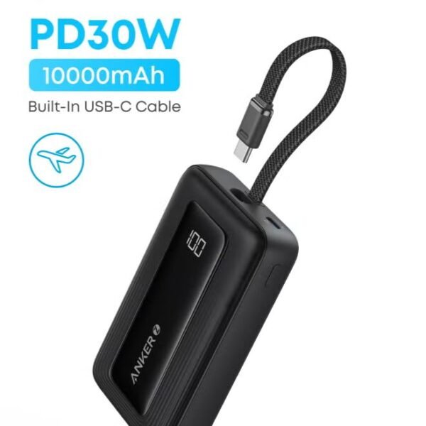 Anker Zolo Power Bank, 10,000mAh 30W High-Speed Portable Charger with Built-In USB-C Cable, Battery Pack For iPhone 16/16 Plus/16 Pro/16 Pro Max/15 Series, Galaxy, and More (Black, 10000 mAh)