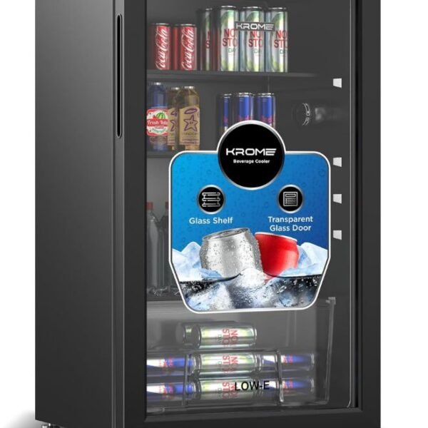 Krome Beverage Cooler 120L, Free Standing, Single Door, 2 Glass Shelves, Crisper Drawer, Blue LED Light, Recessed Handle, Manual Temperature Control, Eco-Friendly R600a, Black