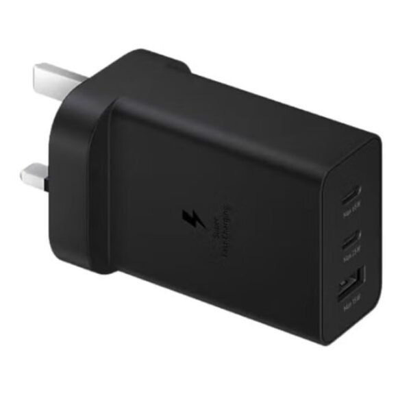 Samsung 65W PD Power Adapter Trio EP-T6530 Black – 2 USB-C & 1 USB-A Fast Charger, UK Plug, 65W Super Fast Charging Wall Adapter