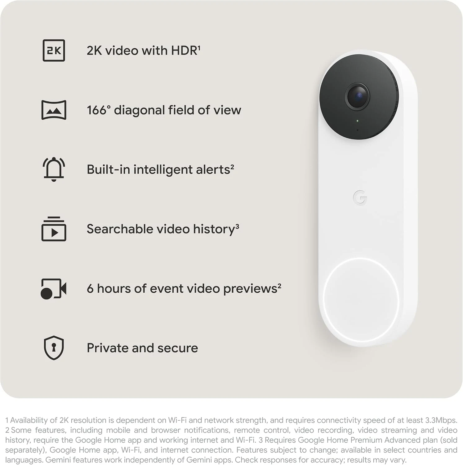 جرس Google Nest Doorbell سلكي الجيل الثالث 2K HDR، أبيض - الصورة 2